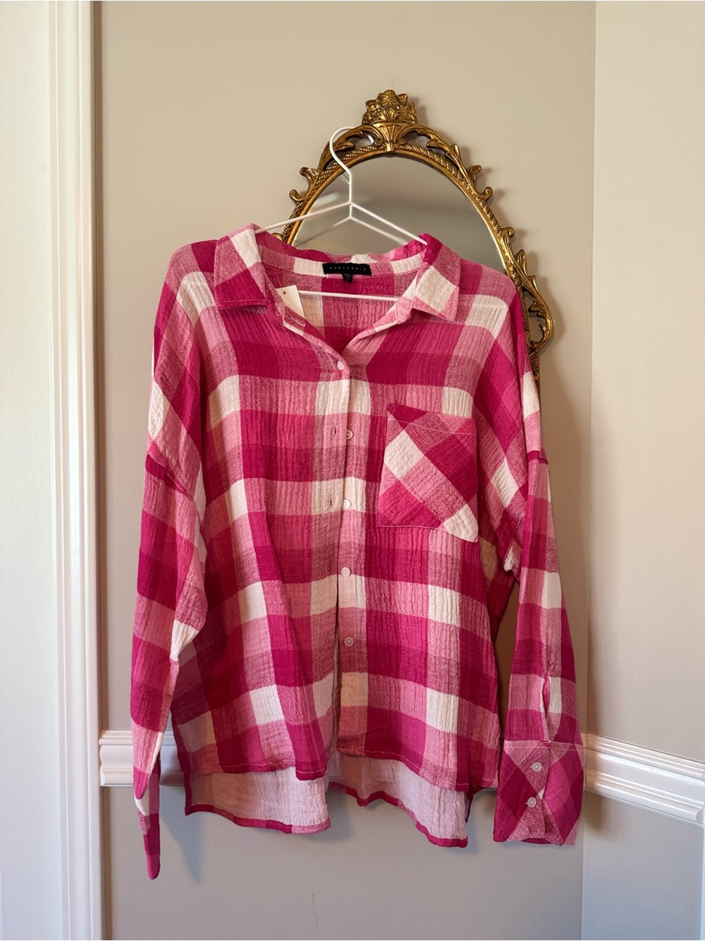Pink and White Plaid Button-Up Shirt